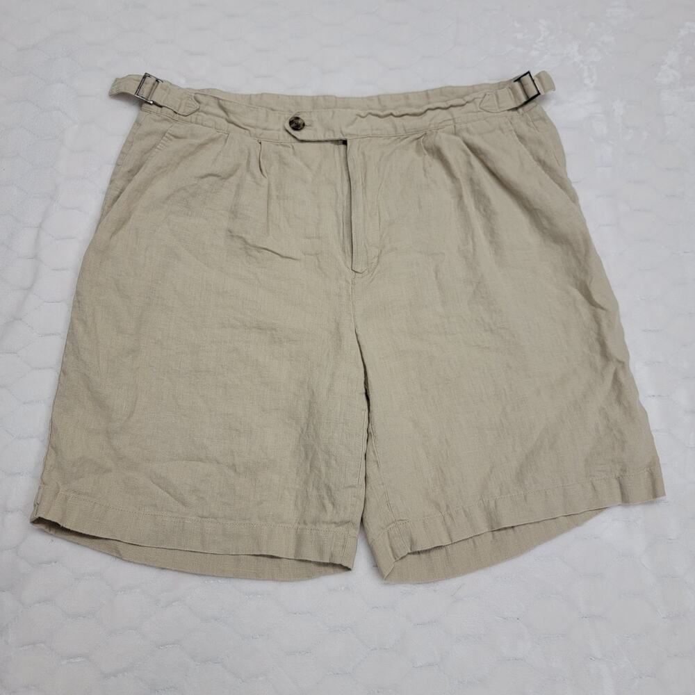 Club Room Luxury 100% Linen Shorts Mens 33 Beige Pleated Adjustable Side Tabs